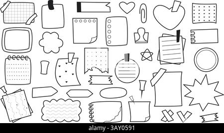 Paper Memos set in doodle sketch style. Notes and stickers outline illustrations. Hand drawn notepad papers. Vector elements Stock Vector