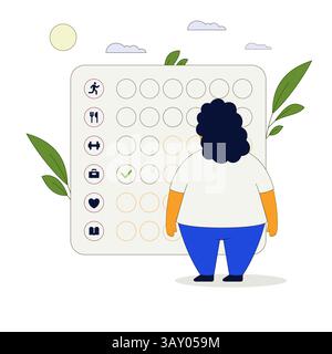 Funny character plump woman in front of a list of personal and work goals and tasks. Vector flat illustration. Stock Vector