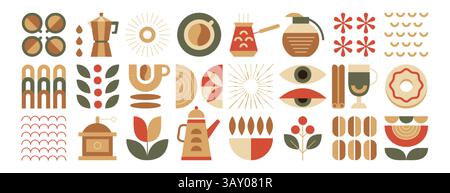 Vector set of geometric bauhaus coffee minimalist elements. Abstract minimal leaves, natural organic plants, beans, drink cups and pot for restaurant cover design, bar, shop package or cafe menu Stock Vector