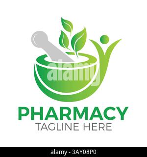 Modern Pharmacy Logo Design Vector – Herbal Mortar and Pestle Icon for Medical & Health Branding. EPS Stock Vector