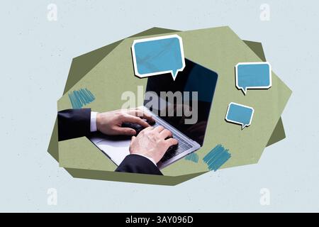 Surreal collage of hand with object on blue background having mind clouds Stock Photo