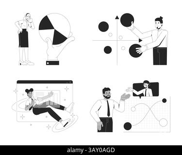 Diverse people with data visualization line illustration concepts set Stock Vector