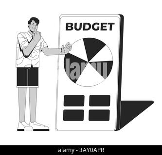 Man analyzing pie chart on budgeting app line illustration concept Stock Vector