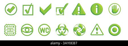 Green Icon Set: Checkmarks, Warnings, Information, and Safety Symbols. Stock Vector