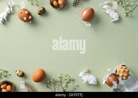 Happy Easter frame. Flat lay composition with decorated Easter eggs, quail eggs, gypsophila flowers, Easter bunny, feathers on pastel green table. Stock Photo