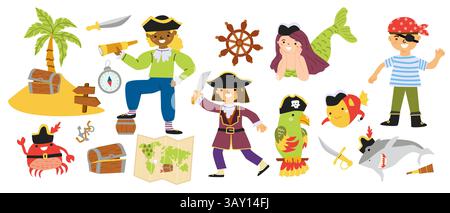 Colorful pirate adventure with treasure map, mermaid, and sea creatures. Stock Vector