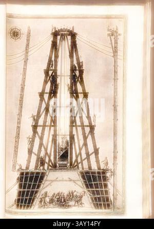 An intricate design of a large structure showcases various workers engaged in a construction project, with scaffolding and cables prominently featured. Above, a wheel-like mechanism is positioned, suggesting the use of engineering principles to facilitate the lifting of materials. The scene captures the collaborative effort and ingenuity involved in the building process, reflecting an era of mechanical innovation., Castle open in the face, which serves for profile, Mast for the Vatican Obelisk, 30, fol. 29v, Fontana, Domenico (fec.); Bonifacio, Natale (inc.), 1590, Domenico Fontana: Della tras Stock Photo