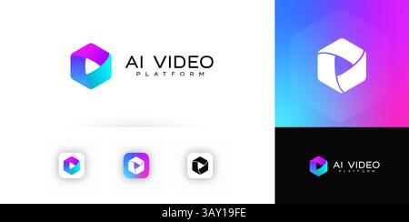 AI Video Platform Logo With Gradient Play Symbol In 3D Hexagon Shape, Futuristic Design For Tech And Media Brands. Vector logotype Stock Vector