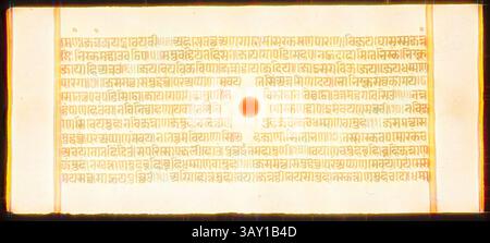 An ancient manuscript featuring intricate script and a central circular motif, displaying a rich tapestry of cultural and historical significance., Unknown (Indian), Kalpa Sutra, 1641, Pigment, ink and gold on paper, Page: 4 1/2 x 10 1/4 in. (11.4 x 26.0 cm), Classic art with a modern twist reimagined by Artotop Stock Photo
