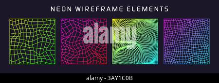 Colorful wireframe shapes, lined perspective mesh, 3d grid. Low poly geometric elements. Retro futuristic design elements, y2k, vaporwave and Stock Vector