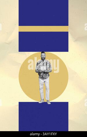 Trend collage of person use gadget circle geometry figure over yellow blue background Stock Photo