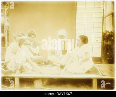 A group of four women are seated together, engaged in a traditional craft or activity. They appear focused on their work, surrounded by simple furnishings and a textured backdrop. One woman is using a tool, while others look on or assist. Their attire reflects cultural influences, adding to the scene’s intimate and collaborative atmosphere., Unknown (Japanese), Games, 1884, albumen print, Image: 5 5/8 × 7 1/4 inches (14.3 × 18.4 cm), Classic art with a modern twist reimagined by Artotop Stock Photo