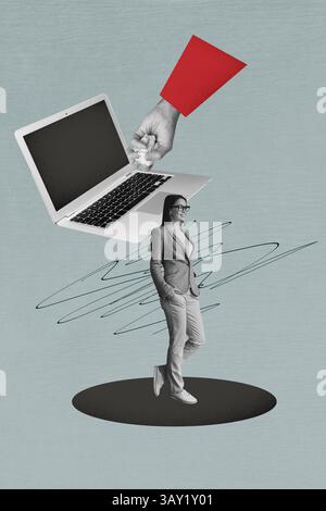 Poster collage of worker person standing having above laptop device on grey background Stock Photo