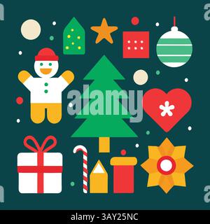 Hand Drawn Style Christmas Icons Vector, Christmas Elements: Santa, Hat, bell, tree, light, gift, read hart, Christmas gift, star, Stock Vector