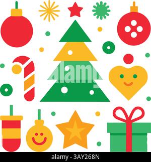 Christmas Party Icons Vector Collection, Christmas Elements: Santa, Hat, bell, tree, light, gift, read hart, Christmas gift, star, Stock Vector