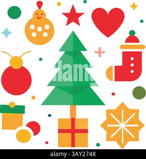 Modern Christmas Icon Set for Designers, Christmas Elements: Santa, Hat, bell, tree, light, gift, read hart, Christmas gift, star, Stock Vector