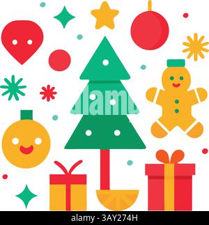 Decorative Vector Icons for Christmas, Christmas Elements: Santa, Hat, bell, tree, light, gift, read hart, Christmas gift, star, Stock Vector