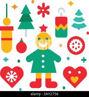 Cute and Fun Christmas Icon Set, Christmas Elements: Santa, Hat, bell, tree, light, gift, read hart, Christmas gift, star, Stock Vector