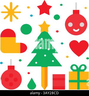 Vector Design Christmas Icons Festive Symbols, Christmas Elements: Santa, Hat, bell, tree, light, gift, read hart, Christmas gift, star Stock Vector