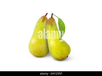 Two fresh conference pears isolated. Green pear with leaf. Stock Photo