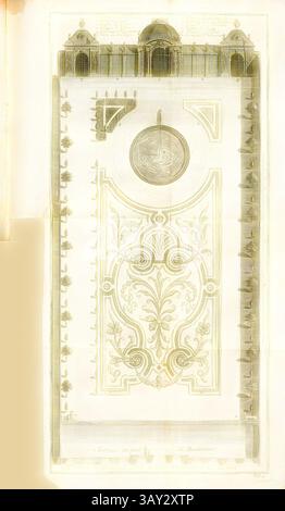 A stylized architectural plan featuring intricate ornamental designs, a central circular feature, and a layout that suggests pathways and structures, likely depicting a garden or courtyard. Decorative elements frame the design, emphasizing symmetry and elegance., Embroidery bed with rotating turf, Overview of a ground floor, Tab. 91, after p. 214, Augustin-Charles d'Aviler, Vignola, Michelangelo, Leonhard Christoph Sturm, Hertel: Ausführliche Anleitung zu der gantzen Civil-Bau-Kunst [...]. Augspurg: bey Johann Georg Hertel, 1747, Classic art with a modern twist reimagined by Artotop Stock Photo