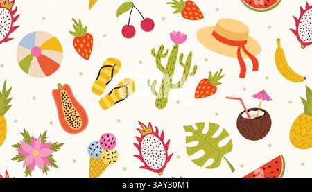 Summer vacation seamless pattern with tropical fruits and cactus, ice cream, hat and more. Colorful summer holidays background in flat style. Stock Vector