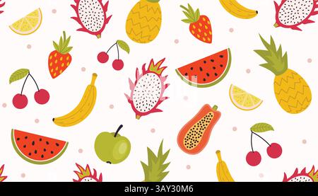 Summer seamless pattern with colorful fruits. Great for wallpaper, wrapping, gift papers, clothing, web page backgrounds, greeting cards and more. Stock Vector