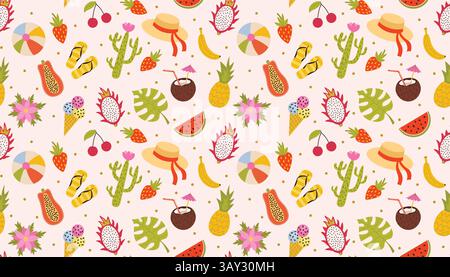 Cute summer vacation seamless pattern with tropical fruits and cactus, ice cream and more. Colorful summer holidays background in flat style. Stock Vector