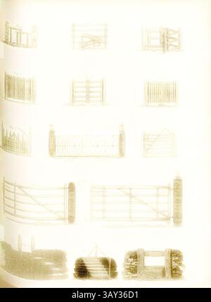A collection of various gate designs, showcasing different styles and constructions, ranging from simple wooden structures to more intricate metal designs. Each gate is depicted with unique details and textures, reflecting a variety of architectural approaches., Gates and Stiles, Gates and stiles, Fig. 34, Pl. XXXIV, after p. 142, R.W. Dickson: Practical agriculture, or, a complete system of modern husbandry: with the methods of planting, and the management of live stock. Bd. 1. London: printed for Richard Phillips; by R. Taylor and Co., 1805, Classic art with a modern twist reimagined by Arto Stock Photo