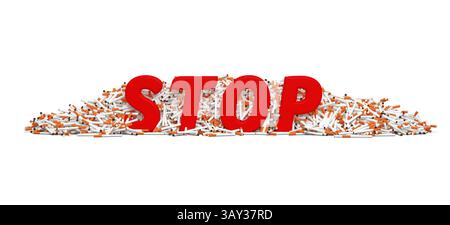 STOP text in front of a pile of hundreds of cigarettes - quit smoking concept - white background - 3D rendering Stock Photo