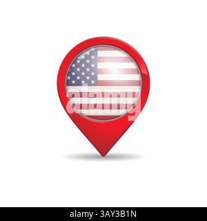 Realistic USA flag with map pin vector illustration. United Sraes of America flag. Stock Vector
