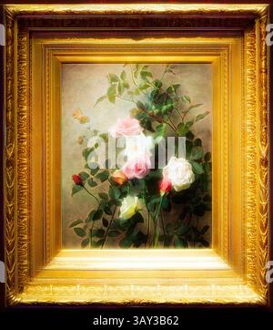 A beautifully ornate frame encases a delicate painting of blooming roses, featuring soft hues of pink and white amidst lush green leaves, with a gentle butterfly nearby, capturing the essence of nature's beauty., George Cochran Lambdin, American, 1830-1896, Roses on a Wall, 1877, oil on canvas, Unframed: 20 3/8 inches × 16 1/8 inches × 1 inches (51.8 × 41 × 2.5 cm), Classic art with a modern twist reimagined by Artotop Stock Photo