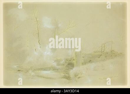 A serene landscape featuring a partially constructed wooden structure by a calm body of water, with trees softly silhouetted against a hazy backdrop. The scene evokes a sense of tranquility and nostalgia, highlighting the harmony between nature and human activity., Jervis McEntee, American, 1828-1891, Stony Clove, 1870, graphite pencil and white watercolor on green wove paper, Sheet: 8 15/16 × 13 1/8 inches (22.7 × 33.3 cm), Classic art with a modern twist reimagined by Artotop Stock Photo