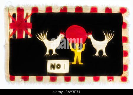 A striking banner features two white roosters flanking a figure in yellow, who is lifting a large red circle. The background is predominantly black, accented with bold red and white checkered borders and a smaller Union Jack in the top left corner. The word "NO" is prominently displayed within a white box at the bottom center., Fante, African, Asafo Flag, 20th century, cotton, Overall: 60 × 38 inches (152.4 × 96.5 cm), Classic art with a modern twist reimagined by Artotop Stock Photo