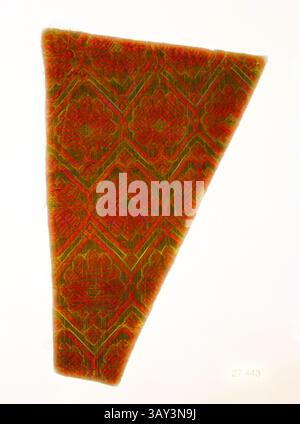An intricately patterned textile featuring vibrant geometric designs in shades of orange and green, elegantly shaped in a triangular form. The decorative motifs create a sense of movement and depth, reflecting a rich cultural heritage., Unknown (Italian), Textile Fragment, 16th Century, Brocade silk, 13 1/4 x 8 in., Classic art with a modern twist reimagined by Artotop Stock Photo