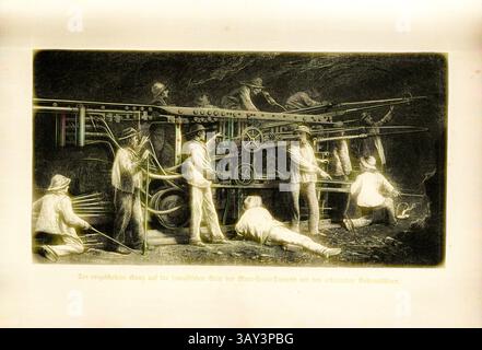 A group of workers is engaged in a collaborative effort to manage large machinery in a mining setting. They are positioned variously around the equipment, with some operating levers and others observing or handling tools. The scene conveys a sense of industrious teamwork in a historic underground environment., Tunnel Worker Drilling on the French Side of the Mont Cenis Tunnel, Signed: Whymper, Wood Engraving, p. 74, Classic art with a modern twist reimagined by Artotop Stock Photo