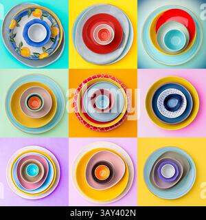 A grid layout of colorful plates and bowls showcases vibrant patterns and colors, creating a lively and artistic arrangement on various backgrounds. Stock Photo