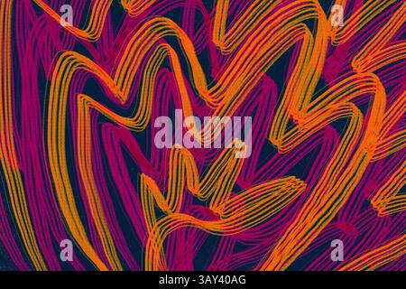 This illustration features an abstract wavy pattern with intertwining lines in bold red and yellow hues, set against a minimal dark background. Ideal Stock Photo