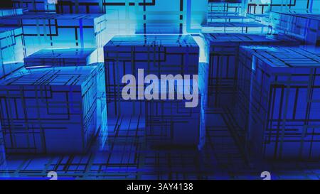 Vibrant abstract background showcases interconnected cubes, representing technology and data in a digital landscape. Stock Photo