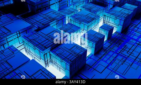 Vibrant abstract background showcases interconnected cubes, representing technology and data in a digital landscape. Stock Photo