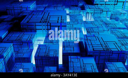 Vibrant abstract background showcases interconnected cubes, representing technology and data in a digital landscape. Stock Photo