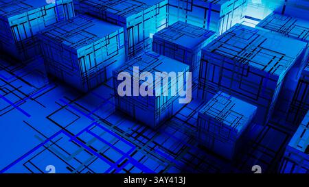Vibrant abstract background showcases interconnected cubes, representing technology and data in a digital landscape. Stock Photo
