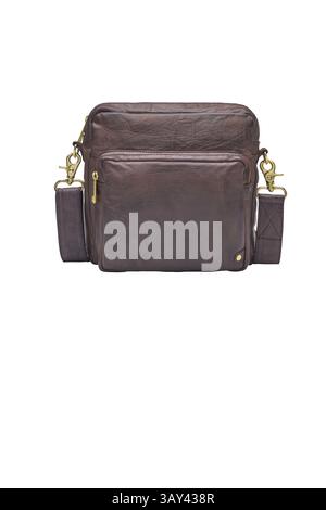 sophisticated brown leather messenger bag featuring adjustable shoulder strap and brass hardware its a stylish Stock Photo