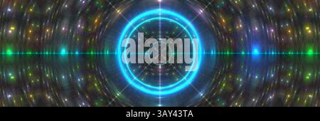 This image captures a vibrant abstract galaxy with luminous concentric circles and streaks of light in various colors emanating from the center, creat Stock Photo