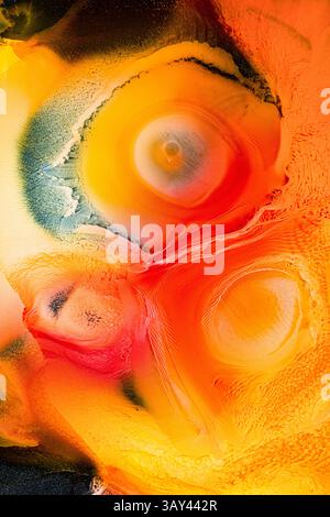 This abstract image features vibrant swirls of red, orange, and yellow hues, creating dynamic patterns and textures that evoke a sense of energy and m Stock Photo