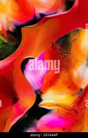A striking abstract artwork showcasing dynamic liquids patterns. Bright hues of red, orange, pink, and black intermingle to create a vivid, energetic Stock Photo