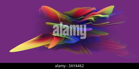 A dynamic holographic 3D shape with a surreal, colorful extrusion floating against a purple background, presenting a fluid, smooth texture and vibrant Stock Photo