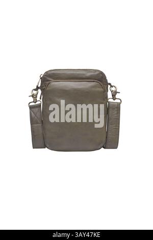 khaki leather crossbody bag displayed on a white background it features an adjustable shoulder strap and zipper closure perfect for daily use Stock Photo