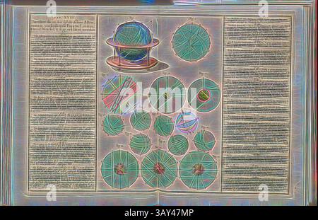 An intricate illustration featuring a variety of circular shapes and a central globe, accompanied by detailed annotations and descriptions. The design emphasizes geometric patterns and showcases a blend of scientific elements., Points, lines, circles and angles occurring in spherical astronomy, Celestial sphere and various principles of spherical astronomy, Tab. XVIII, S. 25, 1745, Tobias Mayer: Mathematischer Atlas, in welchem auf 60 Tabellen alle Theile der Mathematic vorgestellet und nicht allein überhaupt zu bequemer Wiederholung, sondern auch den Anfängern besonders zur Aufmunterung durch Stock Photo