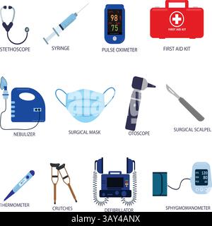 vector design of different medical equipments. stethoscope vector. otoscope vector. nebulizer vector. defibrillator vector Stock Vector